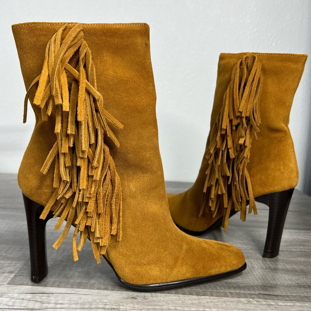 90s Fringe Square Toe Heeled Boots Tan Suede Western Predictions 7 1/2